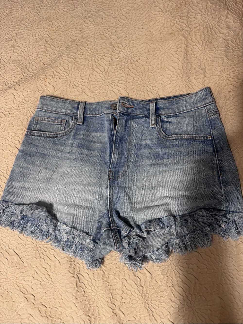 Celebrity Pink Light Blue Distressed Fringe Hem Denim Shorts